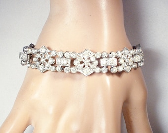 Antique Art Deco Bracelet,Pave Paste Crystal Rhinestone Silver Wide Link Flapper Jewelry,Bridal Statement Vintage 1920s Gatsby Wedding 1930s