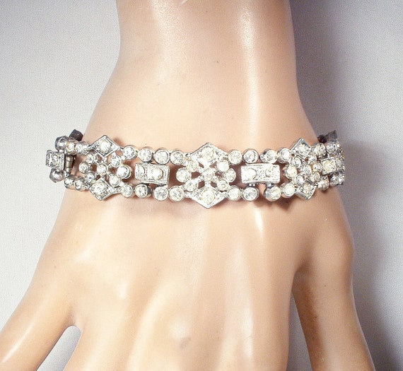 Antique Art Deco Bracelet,Pave Paste Crystal Rhin… - image 1