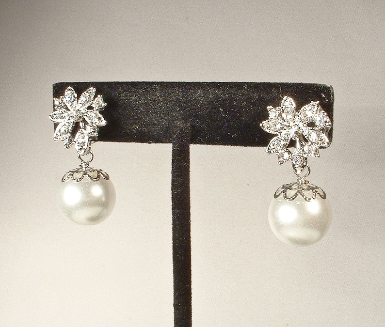 Art Deco Off White/Ivory Pearl Dangle Earrings, Glass Pearl Ball Rhinestone Silver Floral Bridal Drop, 1920s Wedding Jewelry Bridesmaid Gift image 4