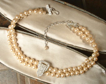 Vintage CAROLEE Double Strand Champagne Ivory Pearl Choker/Necklace, Art Deco Glass Pearl Rhinestone Bridal 1920s Wedding Something Old Gift