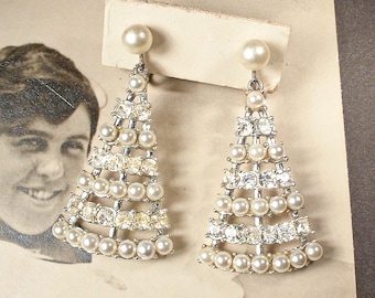 Vintage Pearl/Rhinestone Bridal Dangle Earrings, Art Deco Silver White Ivory Long Statement Chandelier 1920s Wedding Flapper Screw Clip Back