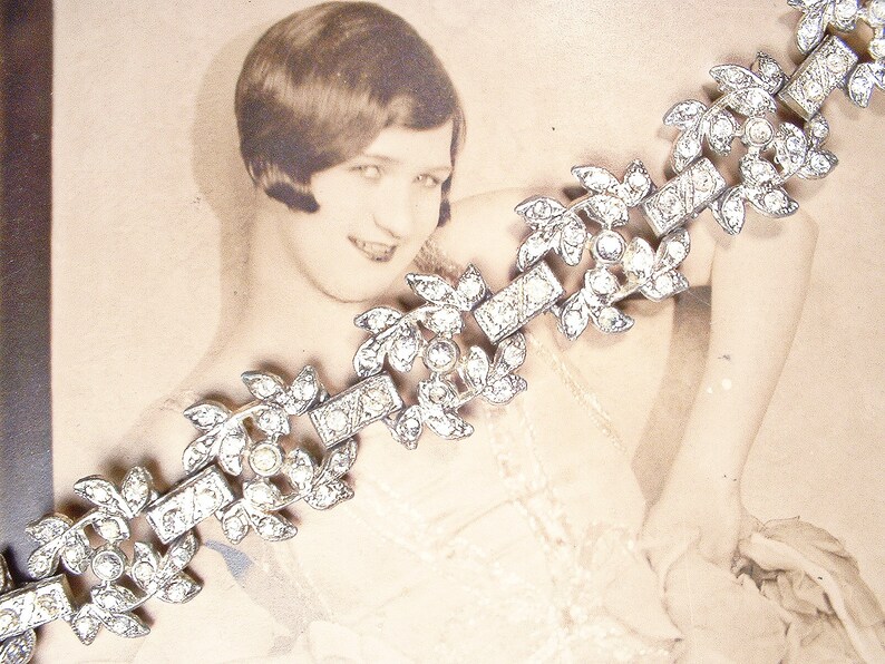 Antique Art Deco Paste Rhinestone Bridal Bracelet, Vintage 1930s Wide Crystal Leaf Link Bracelet, 1920s Wedding Great Gatsby/Rustic Chic image 5
