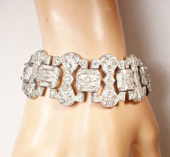 ANTIQUE Art Deco Bracelet,WIDE Paste Rhinestone G… - image 8