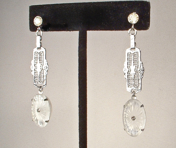 Art Deco Vintage Camphor Glass Dangle Earrings, A… - image 1