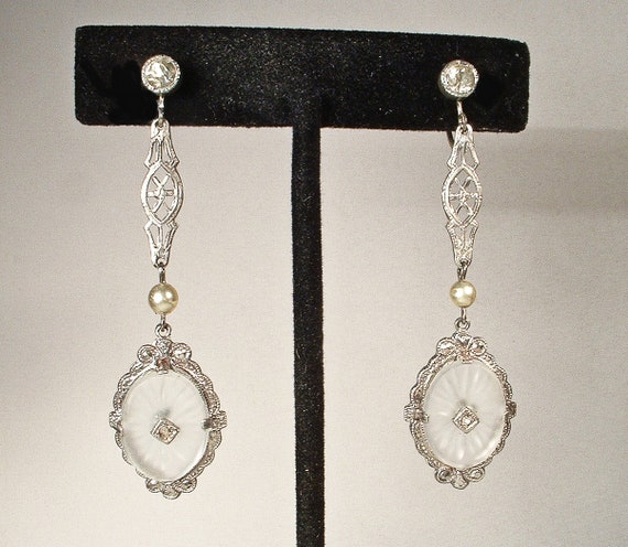 ANTiQUe 1920s DIAMOND Camphor Glass Dangle Earrin… - image 3