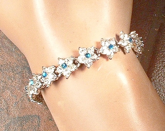 Vintage 1940s Aqua/Teal Rhinestone Art Deco Bracelet, BOGOFF Silver 1940s Blue Dainty Flower, 1920s Wedding/Bridal Gatsby Something Old Gift