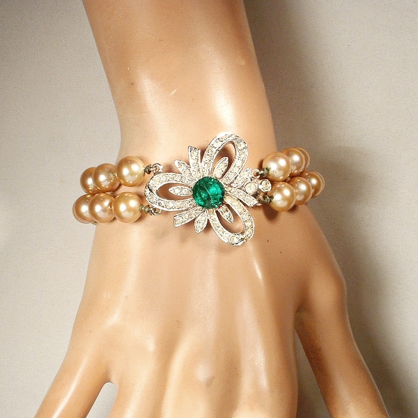 Bracelet de mariée vintage perles de verre à champagne/émeraude strass, Art déco multi deux brins vert, Gatsby des années 1920 mariage quelque chose de vieux cadeau