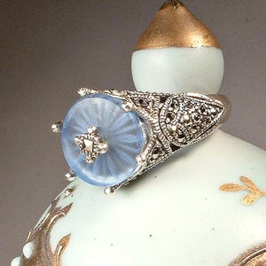 Vintage Art Deco BLUE CaMPHoR Glass Ring, JuDiTH JaCK Marcasite Edwardian STeRLiNG SiLVeR Filigree, 1920s Wedding Gatsby Flapper Size 5.75