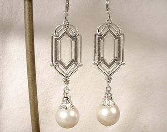 Art Deco Vintage Perlen baumeln Ohrringe, lange Elfenbein antike Silber Braut Tropfen, 1920er Jahre Flapper Hochzeit Edwardian Gatsby