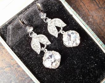 Vintage Art Deco LEDO Dangle Earrings, Rhinestone Silver Leaf Clear Paste Crystal Drop Earrings,1920s Gatsby Bridal/Wedding Flapper POLCINI