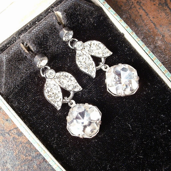 Vintage Art Deco LEDO Dangle Earrings, Rhinestone Silver Leaf Clear Paste Crystal Drop Earrings,1920s Gatsby Bridal/Wedding Flapper POLCINI