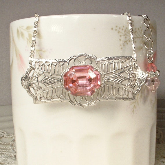 OOAK Antique Pink Crystal Rhinestone Silver Rhodi… - image 7