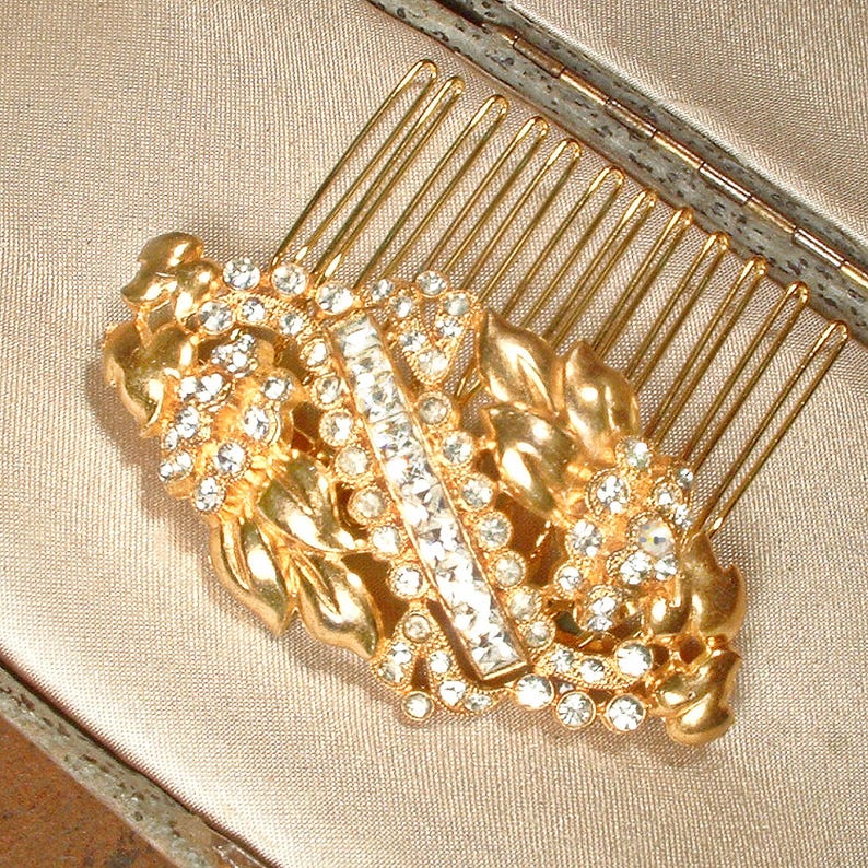 Peineta/broche vintage Art Déco con diamantes de imitación dorados, broche para fajín de vestido de novia/boda de los años 20, tocado de cristal estilo Gatsby Flapper. Regalo perfecto. imagen 4