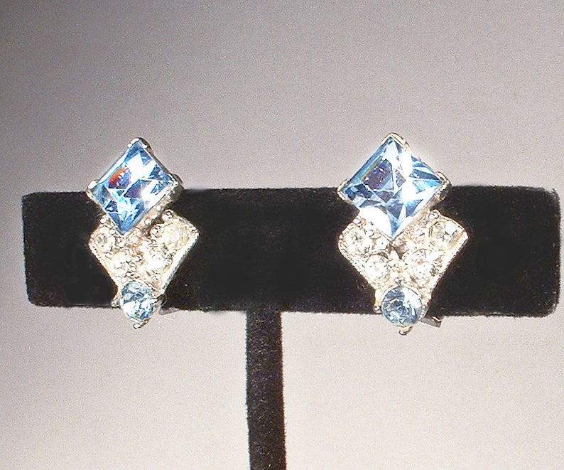 PRISTINE Vintage Ice/Light Blue BOGOFF Rhinestone Necklace/Earring SET,1940s Art Deco Silver Something Old Bridal Wedding Choker Clip On image 9