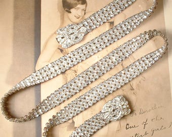 Vintage Art Deco Rhinestone Bridal Sash Belt,1920s Wedding Dress Belt & Buckle, 1930s Old Hollywood Glam Crystal Silver 31 5/8" SIZEABLE
