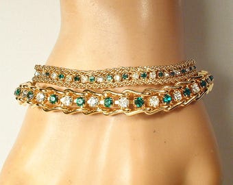 TWO Vintage Emerald Rhinestone Tennis Bracelets, Gold Plated Green Crystal Romantic Wedding/Bridal, Layered Link Chain