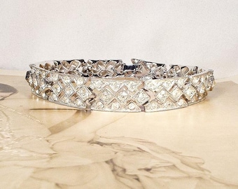 PRISTINE Vintage Art Deco Rhinestone Bracelet, Bridal 1940s ORA Signed Wide Link Silver Statement, Geometric 1920s Wedding Flapper