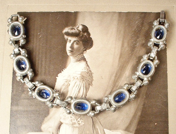 Antique Art Deco Sapphire Blue Crystal Bracelet,S… - image 8