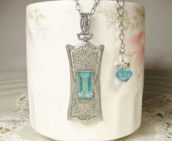 Vintage Bohemian Turquoise Filigree Pendant Necklace - Antique Silver Finish