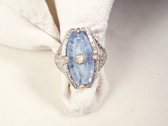 Antique Blue Camphor Glass Ring, 1920s Silver Rho… - image 1