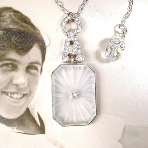 Vintage 1930s Camphor Glass Pendant Necklace, Art Deco/Edwardian Crystal Rhinestone Silver Bridal Antique 1920s Wedding Jewelry Gatsby Gift