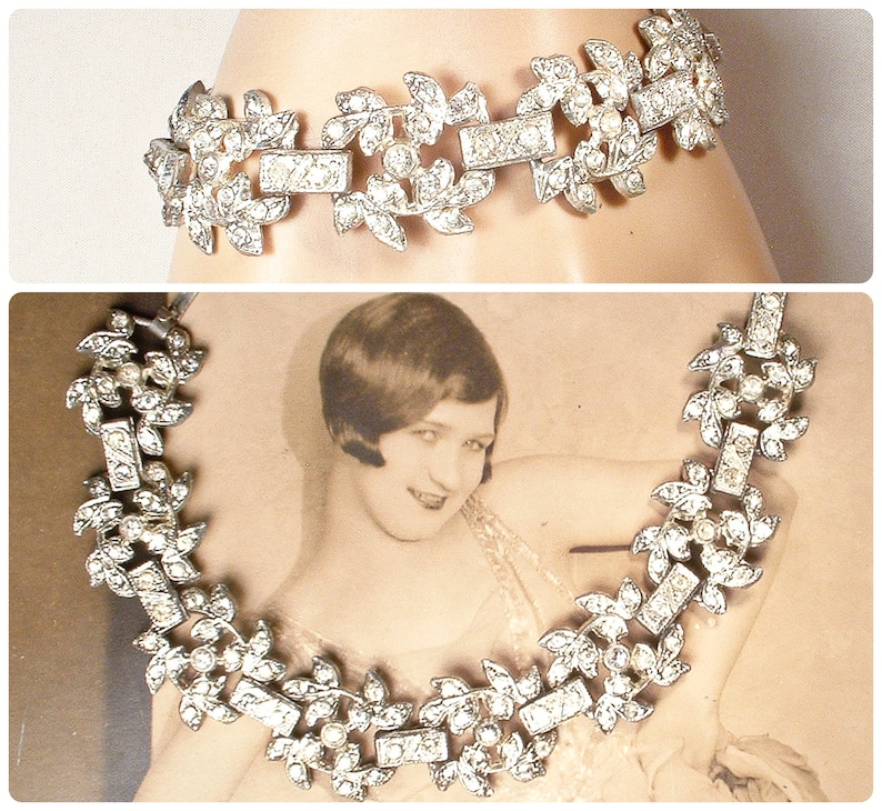 Antique Art Deco Paste Rhinestone Bridal Bracelet, Vintage 1930s Wide Crystal Leaf Link Bracelet, 1920s Wedding Great Gatsby/Rustic Chic image 1