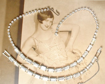 PRISTINE Vintage Baguette Rhinestone Necklace and/or Bracelet,Silver Art Deco Glam Bridal Choker,Flapper Gatsby Wedding Tennis Old Hollywood