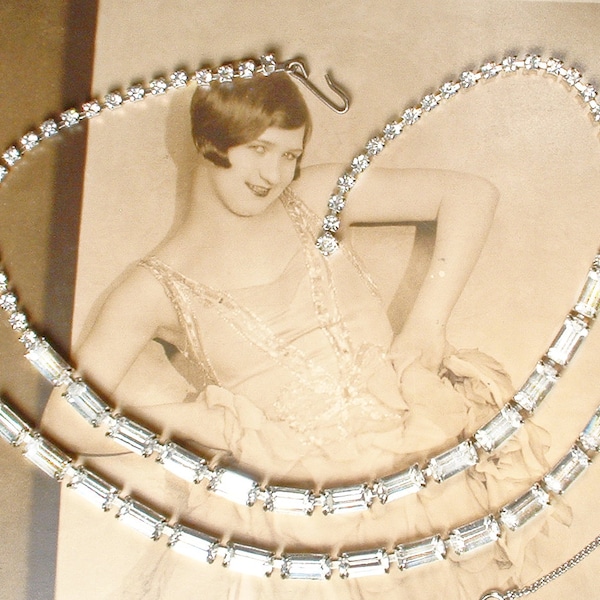 PRISTINE Vintage Baguette Rhinestone Necklace and/or Bracelet,Silver Art Deco Glam Bridal Choker,Flapper Gatsby Wedding Tennis Old Hollywood