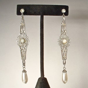 Vintage Art Deco Ivory Pearl Dangle Earrings,Long Silver Filigree Rhinestone Glass Pearl Drop Flapper 1920s Bridal/Wedding Statement Gift image 5