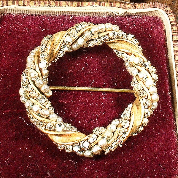 1940s MIRIAM HASKELL Baroque Pearl, Rhinestone Russian Gold Wreath Dress Sash Brooch OR Bridal Hair Comb, 1940 Vintage Wedding Antique Pin