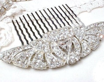 1920s ANTIQUE Hair Comb, Bridal Downton Abbey 1930s Wedding Vintage Rhinestone Sash Brooch to Fan Headpiece Gatsby Art Deco Flapper Jewelry