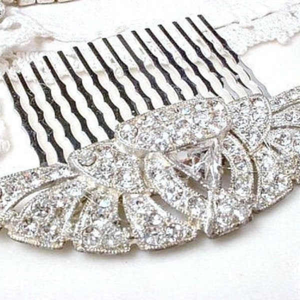 1920s ANTIQUE Hair Comb, Bridal Downton Abbey 1930s Wedding Vintage Rhinestone Sash Brooch to Fan Headpiece Gatsby Art Deco Flapper Jewelry