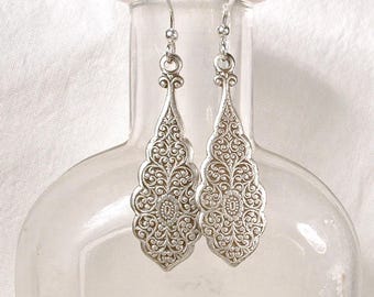 Art Deco Silver Filigree Earrings, Sterling Dangle Art Nouveau Bridal/Bridesmaid Drop 1920s Boho Old World Victorian Lace Vintage Inspired