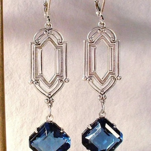 Art Deco Navy Blue Rhinestone Earrings, 1920s Vintage Wedding Bridal Silver Sapphire Crystal Long Statement Dangle Drop Gatsby Flapper Gift