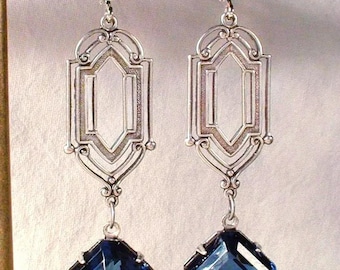 Art Deco Navy Blue Rhinestone Earrings, 1920s Vintage Wedding Bridal Silver Sapphire Crystal Long Statement Dangle Drop Gatsby Flapper Gift