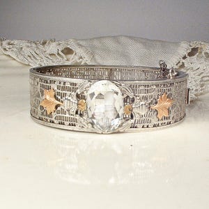 Vintage 1930s Art Deco Crystal Rhinestone Filigree Bracelet w/Gold, Silver Rhodium Edwardian 1920s Wedding Bridal Bangle Clamper Hinged Cuff