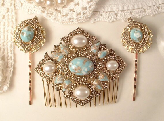 Turquoise Ivory Pearl Gold Bridal Hair Comb & Pin… - image 1