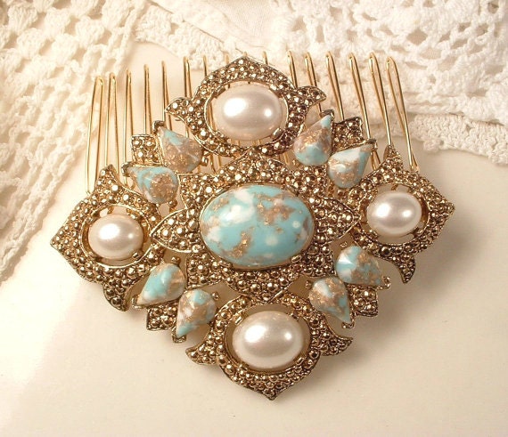 Vintage Turquoise Ivory Pearl Gold Bridal Hair Comb & Pins  display picture 1