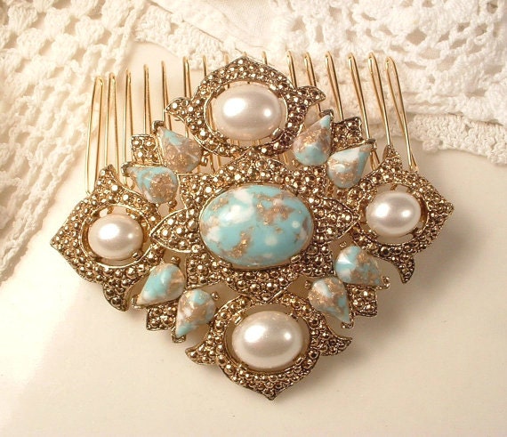 Turquoise Ivory Pearl Gold Bridal Hair Comb & Pin… - image 2