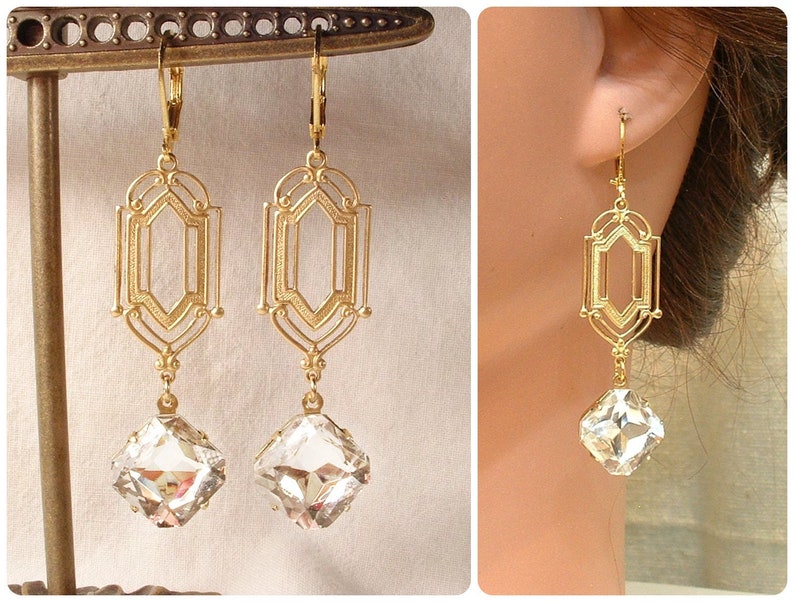 Art Deco Clear Rhinestone Gold Dangle Earrings,Long 1920s Style Bridal, Geometric Flapper Edwardian Gatsby Vintage Wedding Bridesmaid Gift image 1