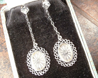 PRISTINE Vintage Edwardian/Art Deco Camphor Glass Dangle Earrings, SiLVeR Filigree Rhinestone Bridal 1920s Vintage Wedding Screw On Drop