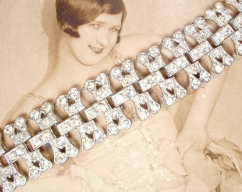 Bracelet Manchette Vintage Art Déco Années 1920-1930 - Laiton Martelé & Strass - Doré Ajustable