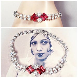 Vintage Art Deco Red Rhinestone Bracelet, 1920s Wedding/Bridal Silver Geometric Flapper Gatsby Something Old