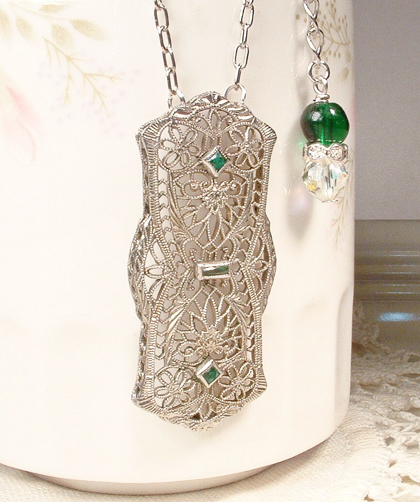 Antique 1920s Emerald Green Rhinestone Necklace,art Deco/edwardian 