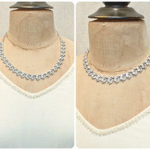 PRISTINE Vintage DESIGNER Art Deco Rhinestone Bridal Necklace,Wedding Paste Crystal Choker,Silver Leaf Link Statement 1940s 1950s Dainty Bib image 5