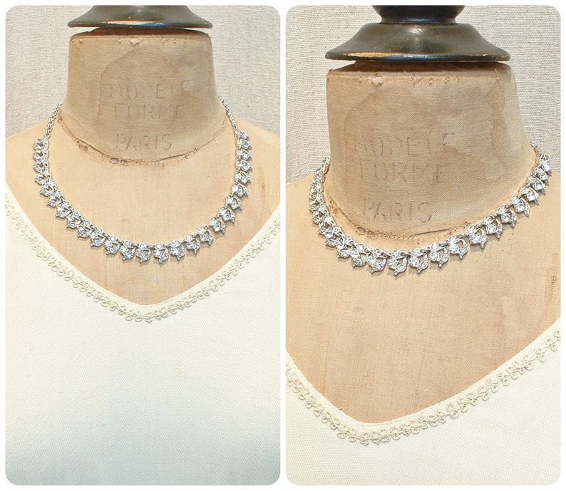 PRISTINE Vintage DESIGNER Art Deco Rhinestone Bridal Necklace,Wedding Paste Crystal Choker,Silver Leaf Link Statement 1940s 1950s Dainty Bib image 5