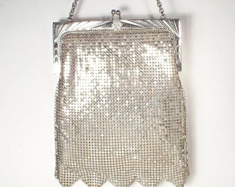 PRISTINE Art Deco Flapper Whiting & Davis Silver Mesh Evening Bag, Bridal Purse, Vintage Wedding Handbag Gatsby Glam Metallic Shoulder