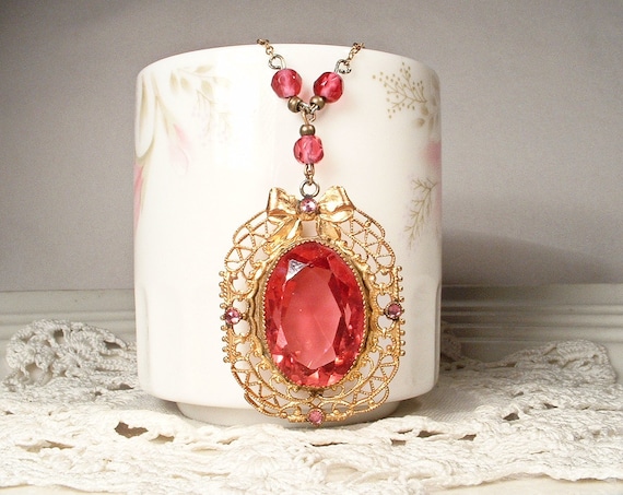 Antique Pink Glass Crystal Filigree Necklace, Vau… - image 2