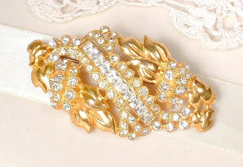 Peineta/broche vintage Art Déco con diamantes de imitación dorados, broche para fajín de vestido de novia/boda de los años 20, tocado de cristal estilo Gatsby Flapper. Regalo perfecto. imagen 8