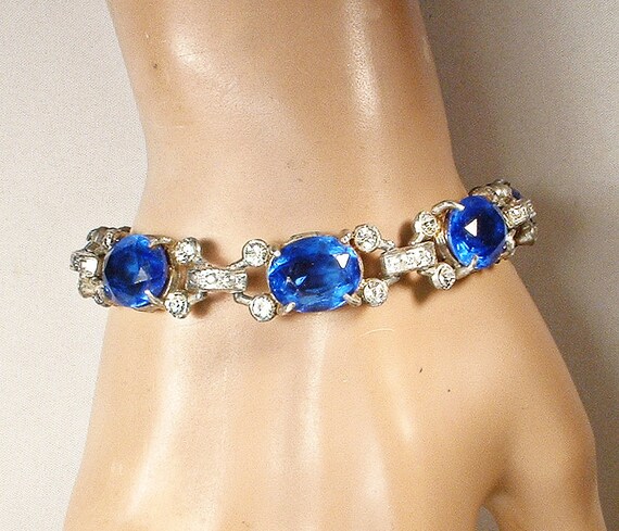 Antique Art Deco Sapphire Blue Crystal Bracelet,S… - image 5